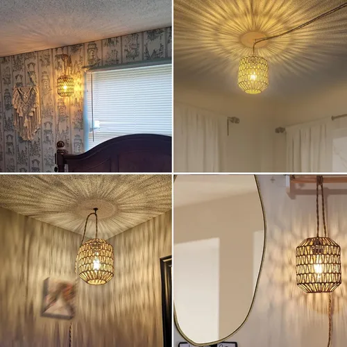 Miniatura 5 de Lámpara Colgante Enchufable con Bombilla LED de 6W Luz Cálida (3000K) Interruptor Regulable Linda Lámpara Colgante de Ratán Cable de 15 pies Tejida