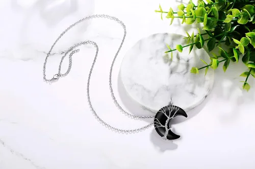 Miniatura 5 de QINJIEJIE Collares de cristales para mujer, collar de obsidiana negra, collar curativo de cuarzo para árbol de vida, alambre de luna creciente