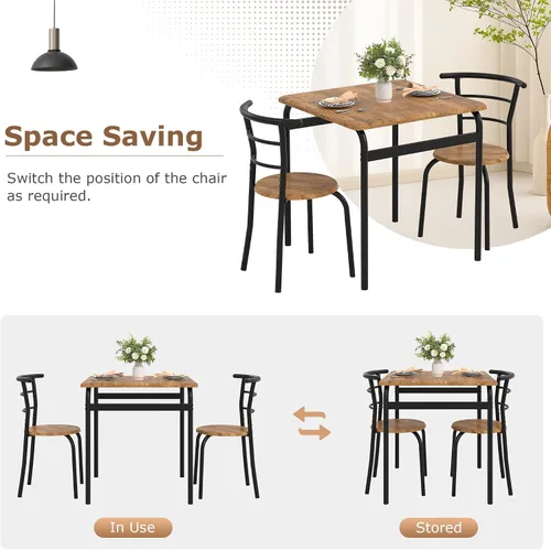 Miniatura 4 de VECELO Juego de mesa y sillas de comedor de 3 piezas para 2, juego de comedor cuadrado de metal y madera para espacios pequeños, rincón de desayuno