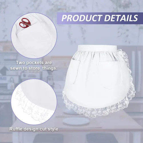 Miniatura 3 de TopTie Delantal de cintura de algodón con bolsillos para mujer, medio delantal de encaje de cocina para cocinar, disfraz de sirvienta para limpieza