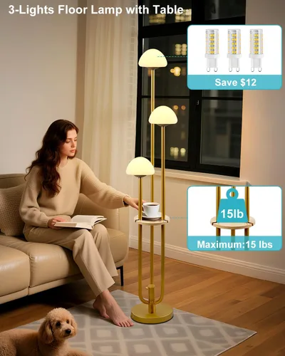 Miniatura 6 de Lámpara de pie regulable dorada con mesa, lámparas de pie modernas con pantallas de hongos para sala de estar, lámpara de pie alta blanca cálida