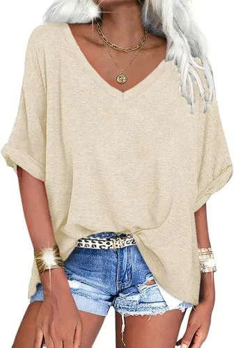 Miniatura 17 de UNCLECAT Camisetas de gran tamaño con cuello en V para mujer, camisas de manga corta de verano, holgadas, casuales