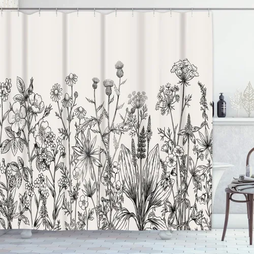 Emvency Cortina de ducha con borde floral, hierbas y flores silvestres botánicas con grabado vintage, fondo gris claro, negro, tela de poliéster