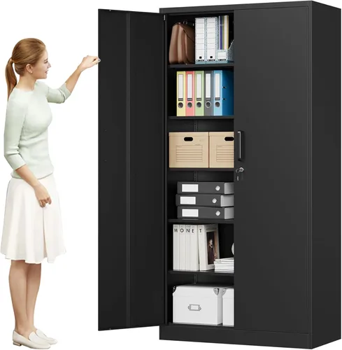 MIIIKO Armario de almacenamiento de metal con puertas con cerradura, Negro, para garaje, 5 estantes, casillero de 45 cm de profundidad para garaje,