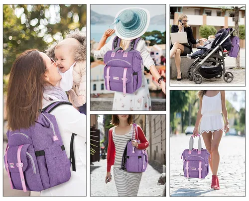 Miniatura 7 de Jiefeike Mochila para pañales, bolsa de bebé morada para mamá, papá, niñas, niños, bolsa de pañales de 15.6 pulgadas con bolsillos aislados, puerto