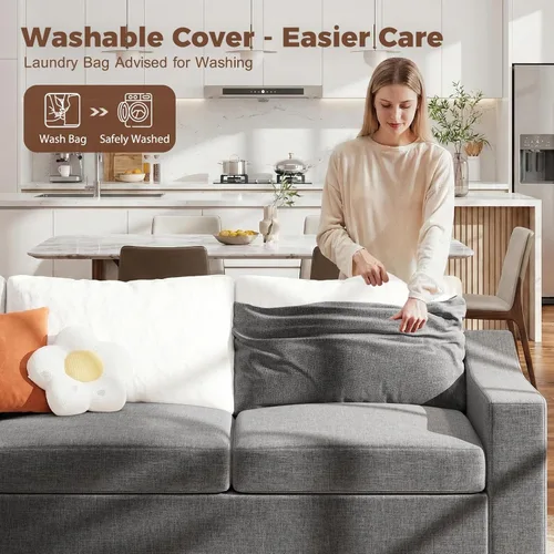 Miniatura 7 de ELUCHANG Sofá moderno de 85 pulgadas para sala de estar, sofá de lino natural de 3 plazas con asientos extra profundos, cojín tapizado y funda