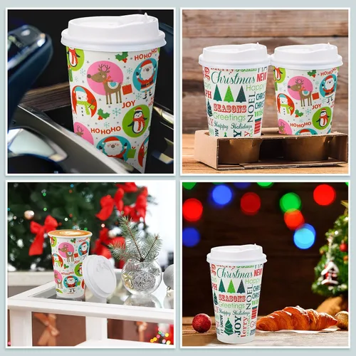 Miniatura 5 de Hotop Juego de 60 vasos de papel de Navidad de 16 onzas con tapas, vasos de papel desechables de Navidad, tazas de café, tanto calientes como fríos