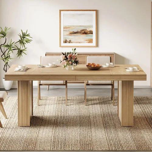 Miniatura 8 de Tribesigns Mesa de comedor de granja de 63 pulgadas para 6, mesa de cocina moderna con línea acanalada para comedor, sala de estar, natural