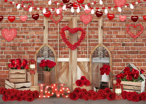 LYWYGG Telones de fondo de fotografía de San Valentín feliz de 8x6 pies de pared de ladrillo puerta de madera y rosa roja flor amor corazón luces