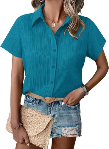 Miniatura 7 de HOTOUCH Camisa de vestir de manga corta con botones para mujer, cuello en V, con botones, para verano, con textura, para el trabajo