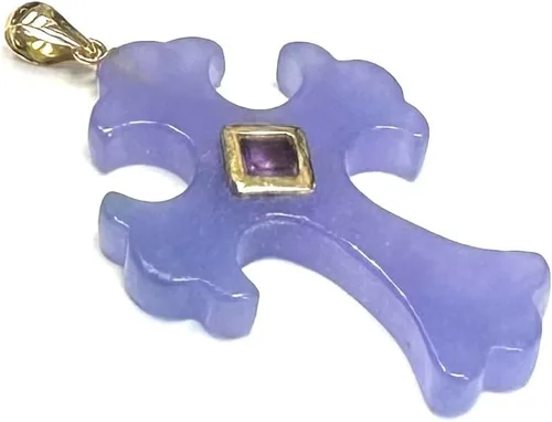 Miniatura 2 de Colgante de cruz de jade de oro amarillo de 14 quilates con piedras preciosas cadena de 17 pulgadas incluida