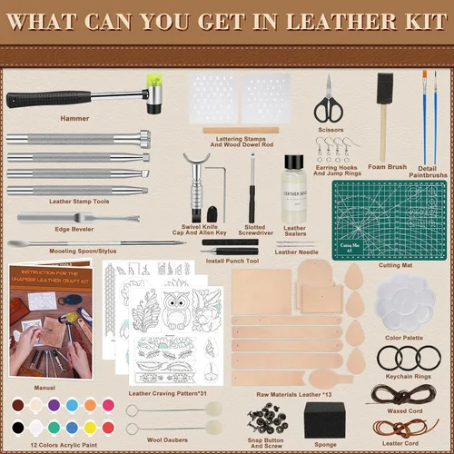 Miniatura 2 de UHAPEER Kit de manualidades de cuero de 88 piezas: herramientas y suministros para trabajo de cuero para adultos, con herramientas de estampado