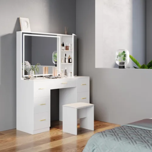 Miniatura 9 de Wildhome - Tocador con espejo y luces, mesa de maquillaje con 7 cajones y taburete acolchado, gabinete oculto, brillo ajustable, tocador