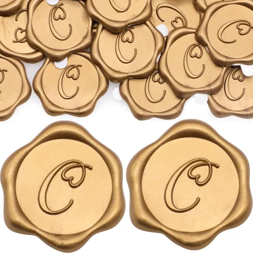 Miniatura 8 de SWANGSA Paquete de 50 calcomanías de sello de cera de letra A, diseño de corazón dorado antiguo, calcomanías de cera inicial para boda, fiesta