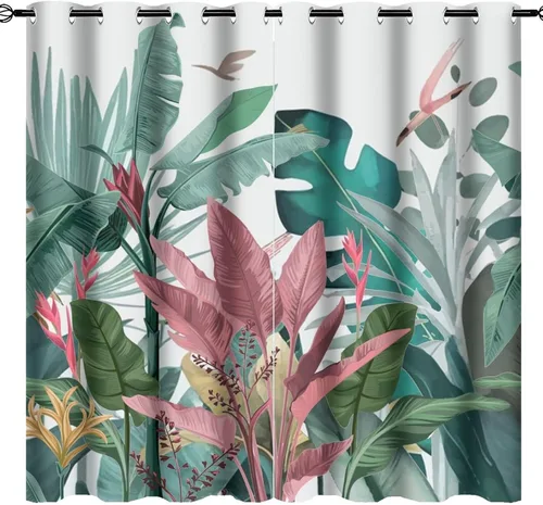 Miniatura 33 de Cortinas abstractas de hojas tropicales, acuarela tropical, hojas de palma, verano hawaiano, plátano, aislamiento térmico, cortinas completas