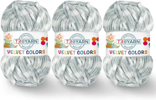 Miniatura 54 de TROYARN Hilo de lana de terciopelo en colores (paquete de 3 madejas) Chenille para manta Amigurumi, hilo para crochet y punto súper voluminoso 3x100