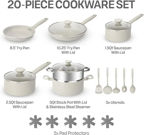 Miniatura 2 de Granitestone Juego de 20 ollas y sartenes antiadherentes con vaporizador, utensilios de cocina y protectores de almohadilla, asas que se mantienen