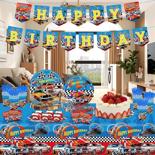 Miniatura 4 de Juego de 170 piezas de decoración de cumpleaños, vajilla de carreras de autos de carreras, incluye pancarta de feliz cumpleaños, platos de 9