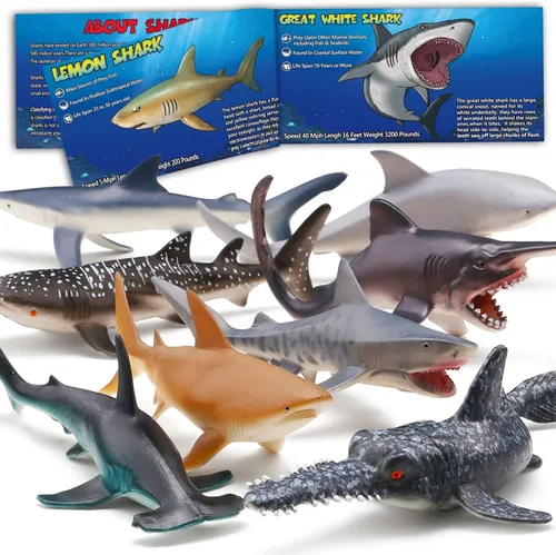 Yeonha Toys, 8 paquetes de juguetes de tiburón con folleto educativo, conjunto de figuras de tiburón de plástico suave y realista para niños,