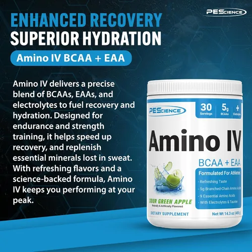 Miniatura 2 de PEScience Amino IV, manzana verde agria, 60 cucharadas, BCAA y polvo EAA con electrolitos