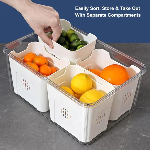 Miniatura 7 de Taiuloo Contenedores herméticos para almacenamiento de frutas en refrigerador con tapa y asa, caja de snacks sin BPA con 4 coladores removibles