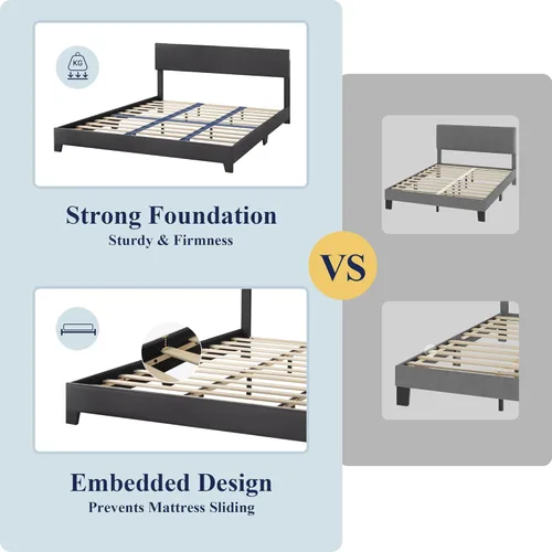 Miniatura 6 de Allewie - Base de cama tamaño King con cabecera ajustable, plataforma de cama de piel sintética con listones de madera, base de colchón resistente