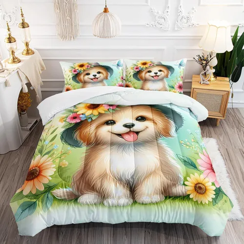 Miniatura 14 de Suncloris Lindo edredón de varios perros para niños, juego de ropa de cama Kawaii de dibujos animados para niños y niñas, juego de edredón temático