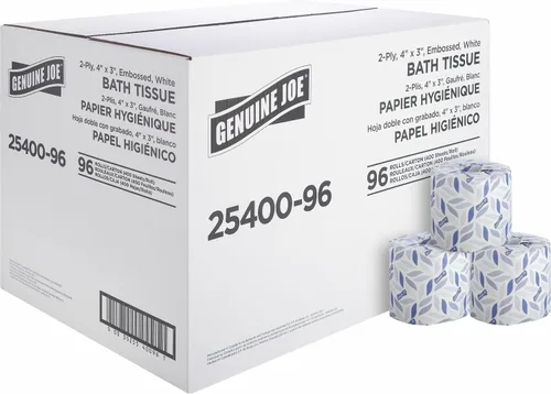 Miniatura 5 de Genuine Joe papel higiénico con relieve, 2 capas, seguro para fosas sépticas, envuelto individualmente, 4.5" x 3.75", 500 hojas/rollo, 96