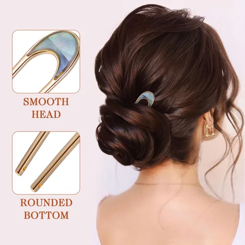 Miniatura 5 de Lurrose 2 palillos de pelo vintage de metal para el cabello, palillos elegantes de luna, tocado en forma de U, accesorios de peinado para mujeres