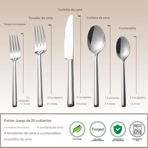 Miniatura 5 de Alata Potter - Juego de cubiertos forjados de acero inoxidable de 20 piezas, servicio para 4, acabado espejo, apto para lavavajillas Plateado