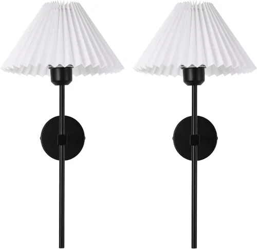 Miniatura 6 de Juegos de 2 apliques de pared, pantalla de lámpara de tela plisada blanca, lámpara de pared negra mate, iluminación de pared con soporte de columna