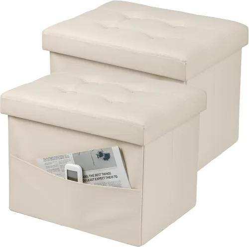 Miniatura 8 de Bsketa Otomana Taburete Reposapiés de Almacenamiento, Banco Pequeño de Otomanas de Almacenamiento de Cuero, Taburete Plegable con Tapa con Asas