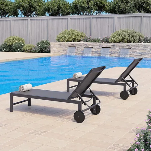 Miniatura 5 de QAQA - 2 tumbonas para exteriores con ruedas, silla de aluminio para patio con 5 posiciones ajustables para piscina, playa, patio, gris oscuro