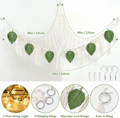 Miniatura 3 de Dremisland Hamaca de red de juguetes de peluche con luz de estrella, hoja bohemia de macramé, borla de macramé, organizador de juguetes