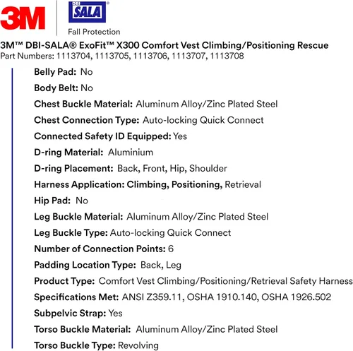 Miniatura 3 de 3M 1113705 DBI-SALA ExoFit X300 Arnés de seguridad para escalada/posicionamiento/rescate Protección contra caídas, OSHA, ANSI, espalda, cadera