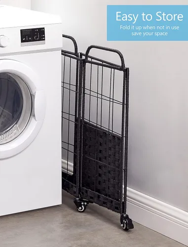 Miniatura 5 de Cesta de lavandería resistente con ruedas enrollables con cerradura, cesta de lavandería duradera y plegable con bolsa extraíble y asa de metal