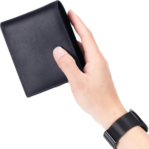 Miniatura 8 de OFAMOUS Cartera de cuero para hombre con bolsillo para monedas ventana de identificación abatible bloqueo RFID billetera delgada con bolsillo