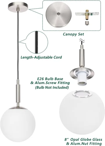 Miniatura 4 de Iluminación colgante 1 luz colgante de globo de luz, moderna lámpara de techo ajustable para cocina, níquel cepillado, pantalla de globo de 8