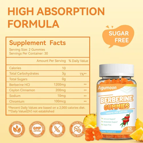 Miniatura 2 de Gomitas de berberina de 1200 mg, suplemento de berberina de alta potencia con canela de Ceilán para el sistema inmunológico y el metabolismo, sin
