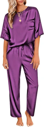 Ekouaer Conjunto de pijama sedoso de satén para mujer, camisa de manga corta con pantalón largo de pijama, conjunto de pijama suave