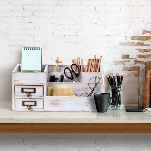 Miniatura 5 de Organizador de escritorio de oficina de madera rústica envejecida, estante organizador de mesa para el hogar con múltiples compartimentos, cajones