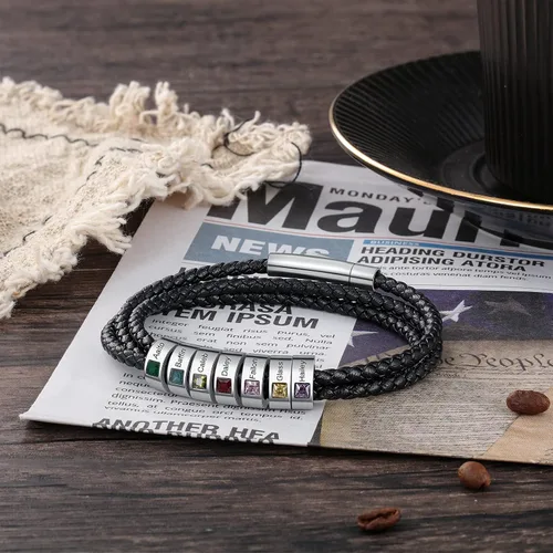 Miniatura 39 de Pulsera personalizada para el Día del Padre para hombre, pulseras personalizadas de cuero trenzado negro con cuentas grabadas de 1 a 8 nombres