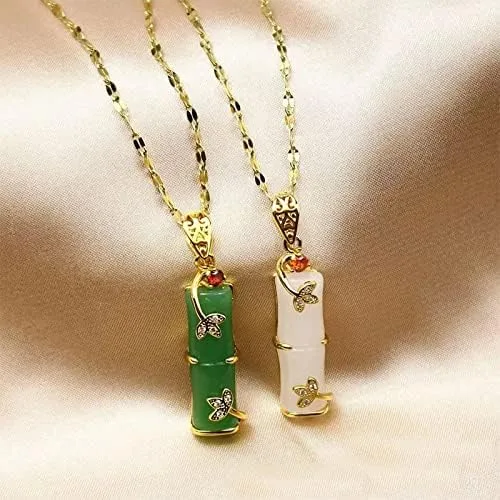 Miniatura 4 de COLORFUL BLING Jade - Collar con colgante de bambú, chapado en oro de 18 quilates, collar de jade verde y blanco, amuleto de la suerte de melocotón