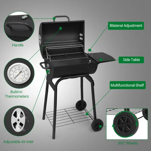 Miniatura 2 de Outvita Asador de carbón en barril con rejilla para calentar, parrilla de barbacoa al aire libre con mesa lateral delantera con amplia área
