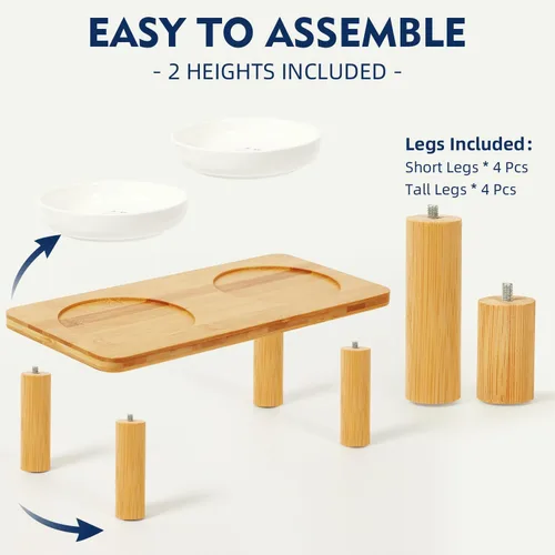 Miniatura 5 de DoogCat Cuencos elevados para gatos de interior – Mesa elevada de bambú para gatos con 2 platos de cerámica, altura ajustable