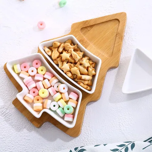 Miniatura 9 de Bandeja de bambú para árbol de Navidad, juego de platos de cerámica con diseño temático de Navidad, cuencos para servir para fiestas, perfectos