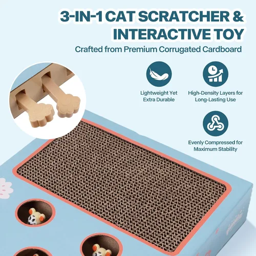 Miniatura 5 de PAWISE Juguete rascador interactivo para gatos, tablero rascador de cartón 3 en 1 y caja de juguetes interactiva de rompecabezas para gatos