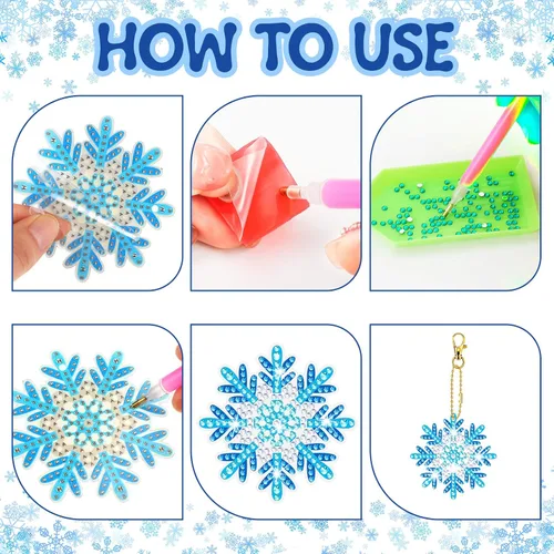 Miniatura 6 de BBTO 15 piezas de llavero de pintura de diamante de invierno con copos de nieve, adornos de pintura de diamante 5D DIY llavero de pintura