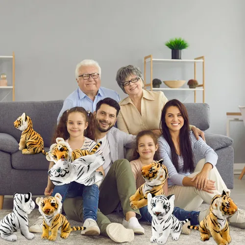 Miniatura 7 de Paquete de 2 juguetes de peluche de tigre de 11 pulgadas, lindo juguete de peluche realista de tigre, juguetes para fiestas temáticas de animales