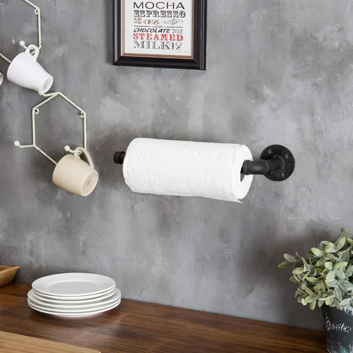 Miniatura 4 de MyGift Soporte para toallas de papel para debajo del gabinete, soporte para toallas de papel, montaje en pared, tubo industrial negro mate colgante